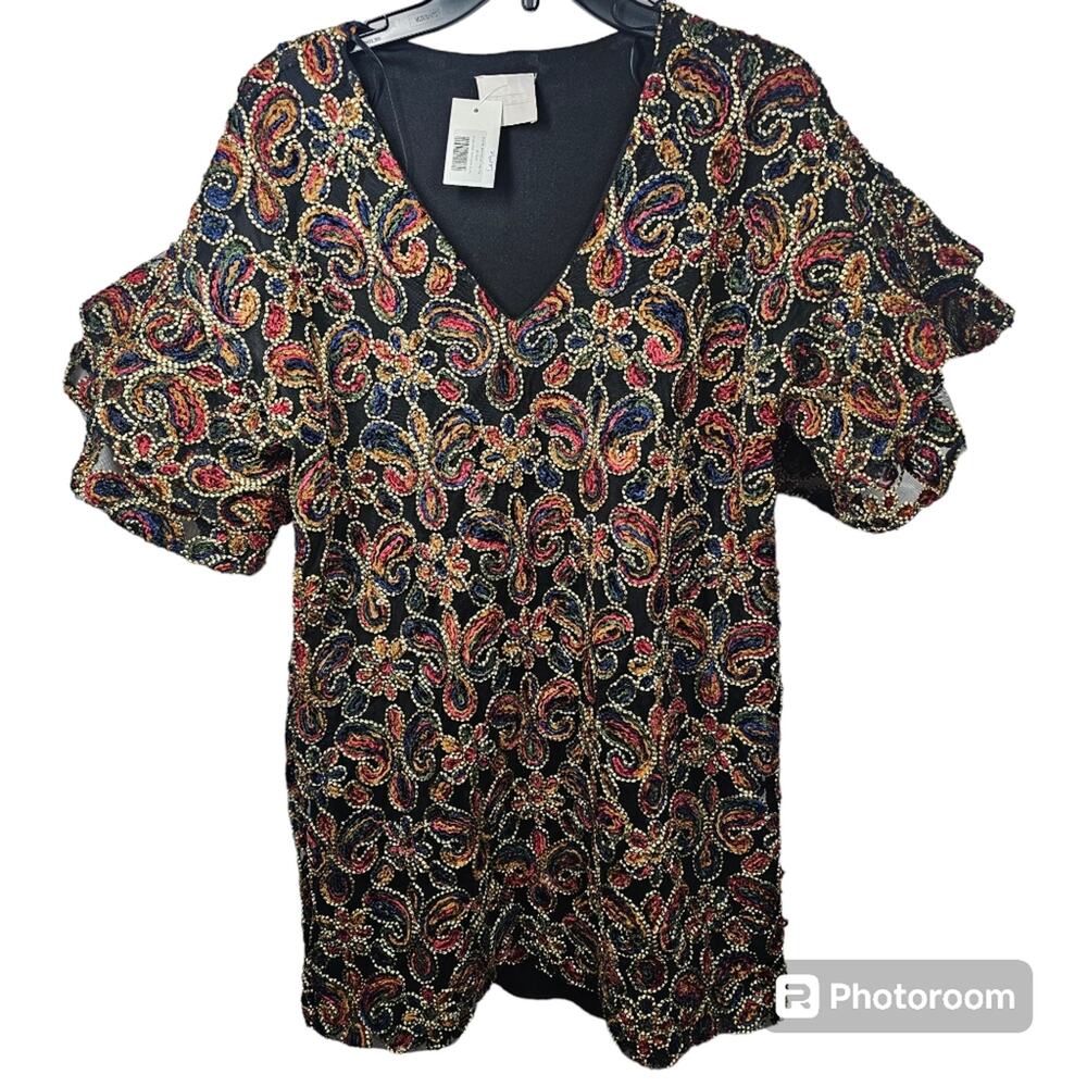 Karlie Multicolored Embroidered Bell Sleeve Velvet Mini Dress NWT Size L
